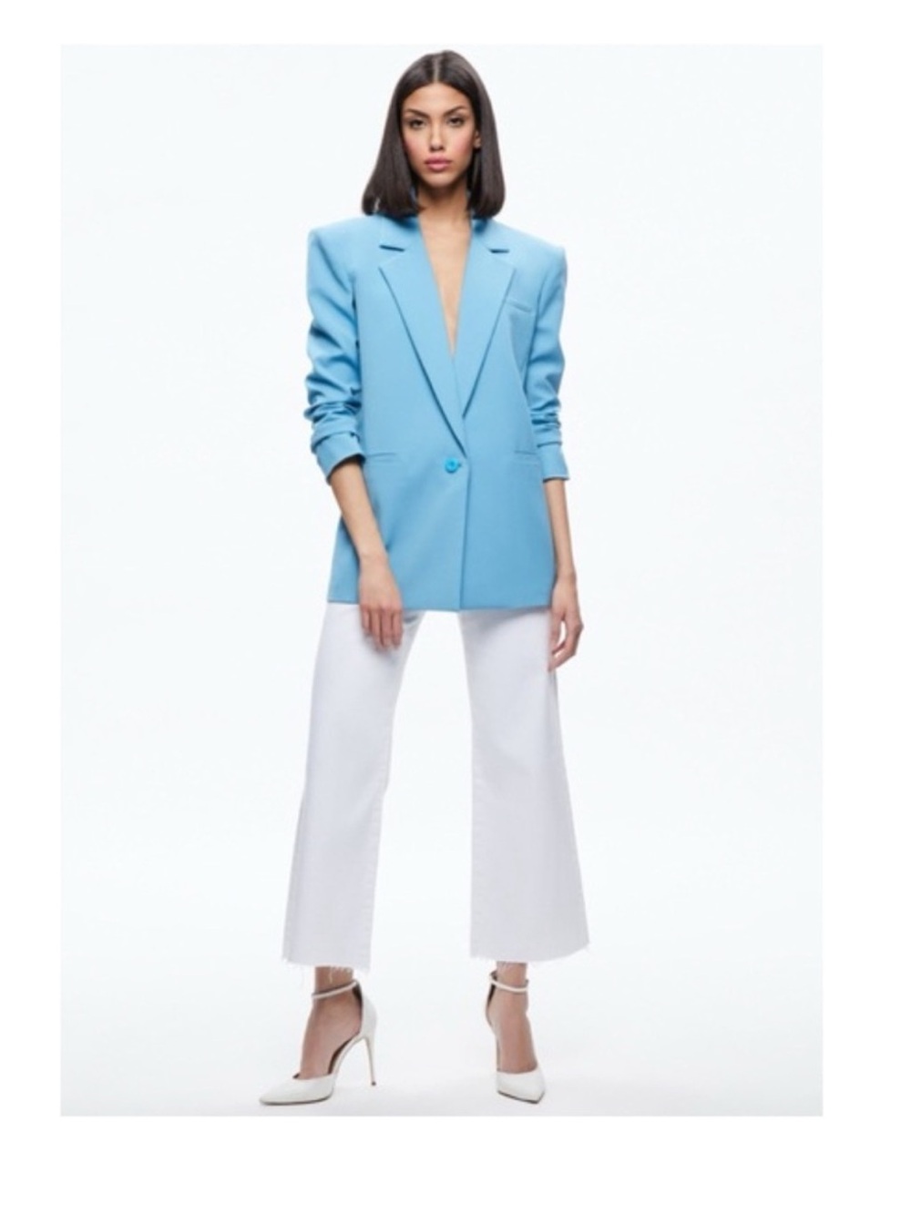 New! ALICE & OLIVIA Strong Shoulder Crepe Single Button Blazer & Tailored Shorts - Picture 2 of 13